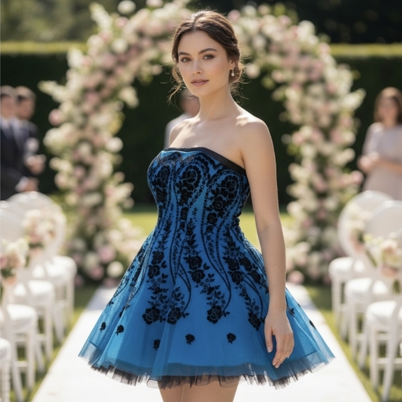 Morgan & Co. ✦ Strapless Blue Floral Dress ✦ Lace-Up Back Tulle Mini Sz 5/6 NWT - Picture 3 of 16